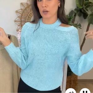 New Artsal Cold Shoulder Ribbed Knit Sweater-Long Bubble Sleeves-Baby Blue Sz XL